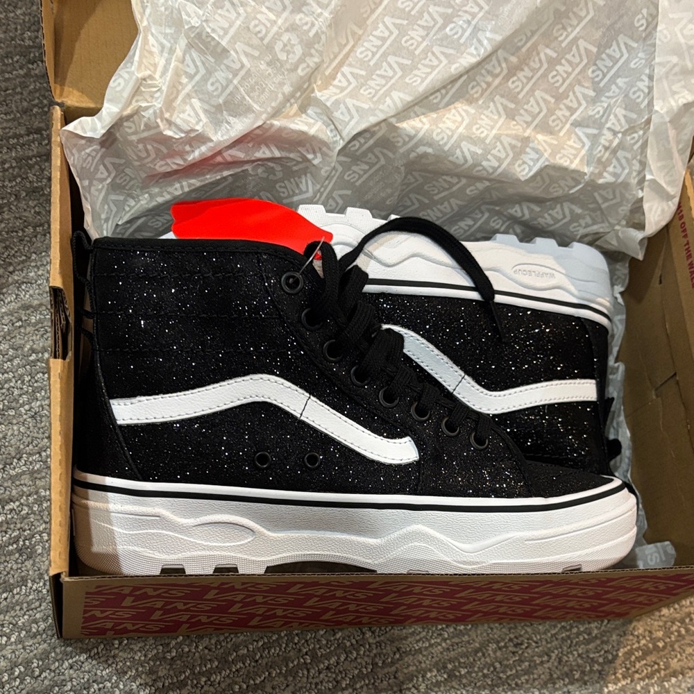 Vans Black Glitter High-Top Sneakers with White Accents
